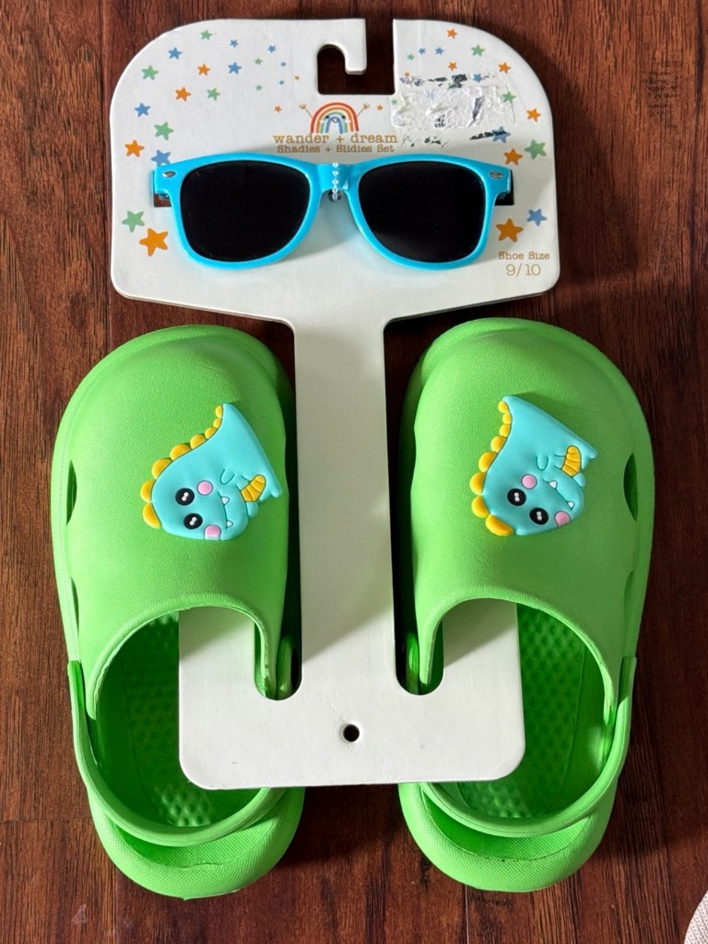 Kids Green Dino Clog Sandals with Blue Sunglasses - Size 9/10